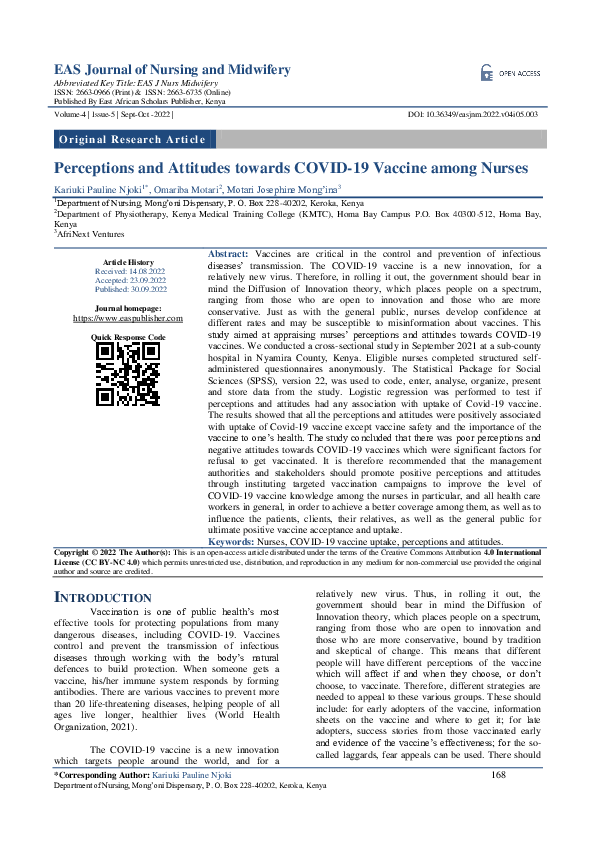 (PDF) Perceptions and Attitudes towards COVID-19 Vaccine among Nurses