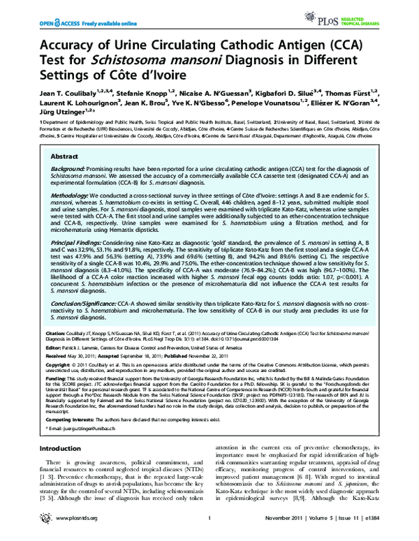 (PDF) Accuracy of Urine Circulating Cathodic Antigen (CCA) Test for ...