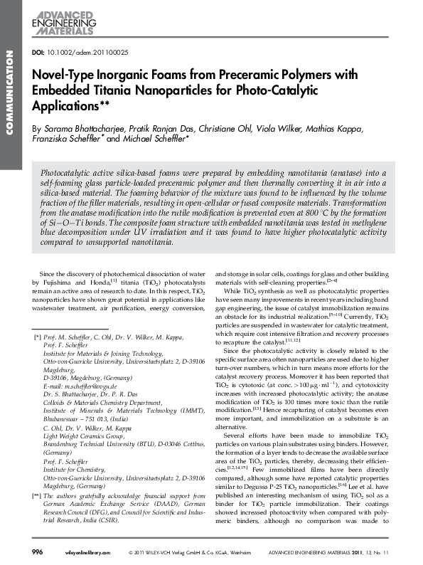 (PDF) Novel-Type Inorganic Foams from Preceramic Polymers with Embedded ...