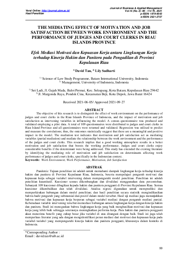 (PDF) The Mediating Effect of Motivation and Job Satisfaction Between ...