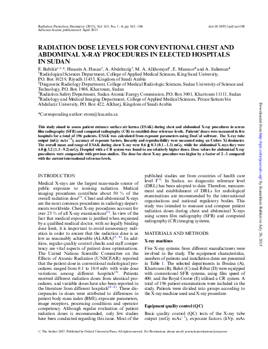 (PDF) Radiation Dose Levels for Conventional Chest and Abdominal X-Ray ...