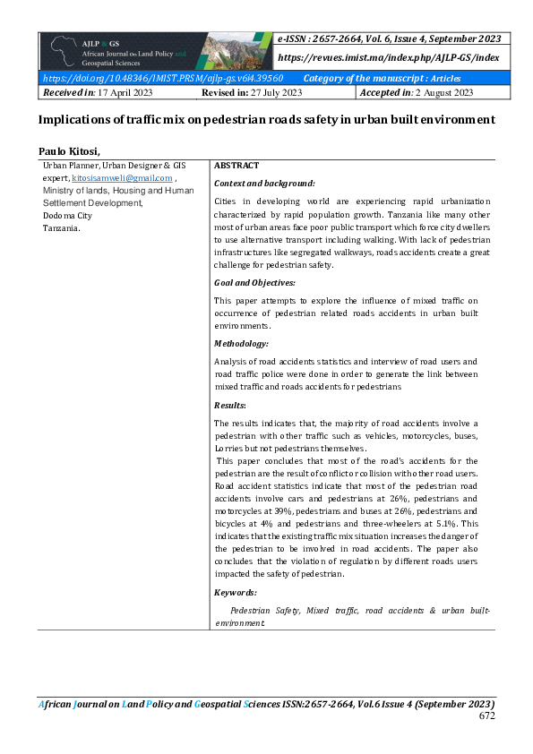 (PDF) Implications of traffic mix on pedestrian roads safety in urban ...