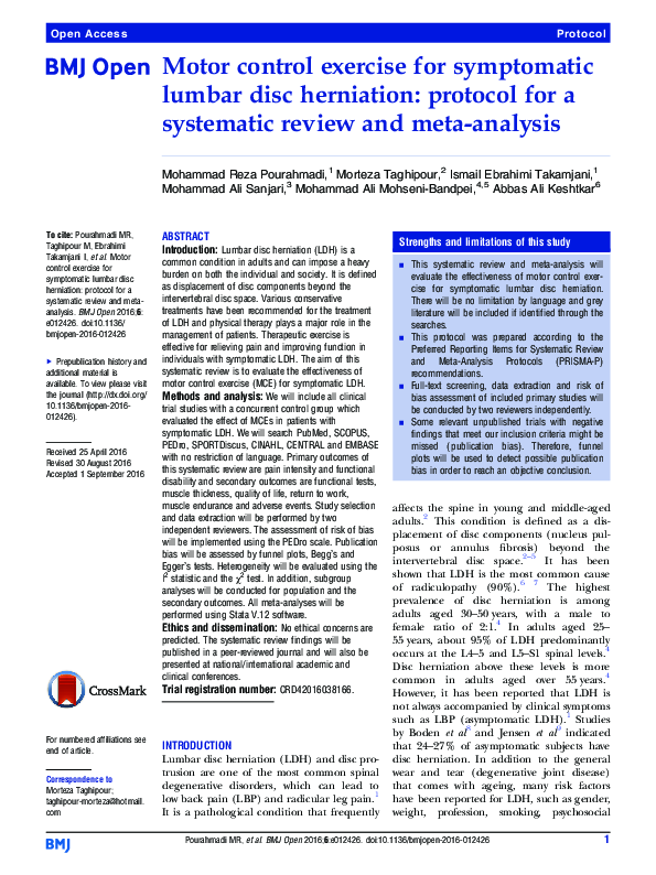 (PDF) Motor control exercise for symptomatic lumbar disc herniation protocol for a systematic
