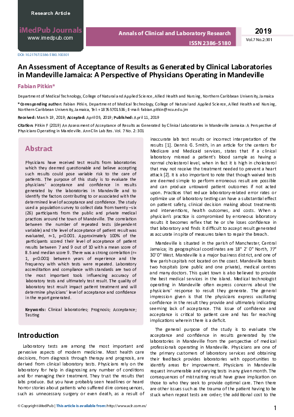 (PDF) An Assessment of Acceptance of Results as Generated by Clinical ...