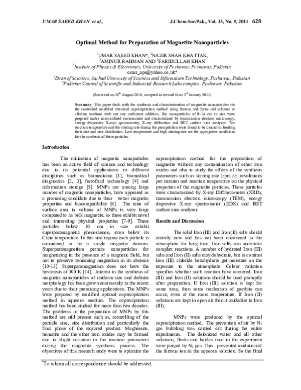 (PDF) Optimal Method for Preparation of Magnetite Nanoparticles