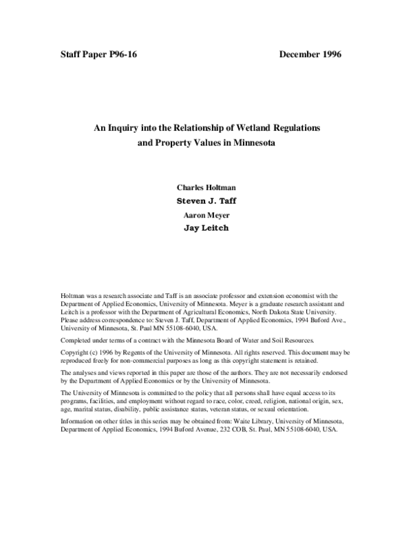 An Inquiry Into the Relationship of Wetland Regulations and Property Values in Minnesota