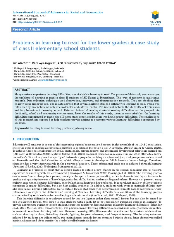 (PDF) Problems in learning to read for the lower grades: A case study ...