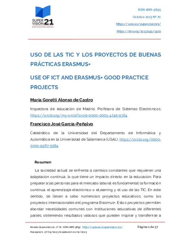 (PDF) USO DE LAS TIC Y LOS PROYECTOS DE BUENAS PRÁCTICAS ERASMUS+ USE ...