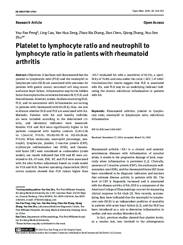 (PDF) Platelet to lymphocyte ratio and neutrophil to lymphocyte ratio ...