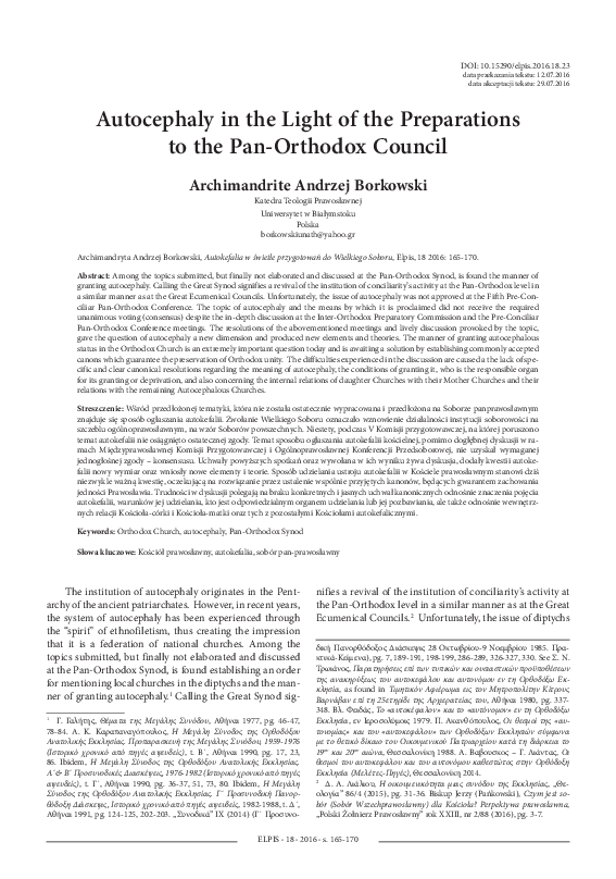 (PDF) Autocephaly in the Light of the Preparations to the Pan-Orthodox ...