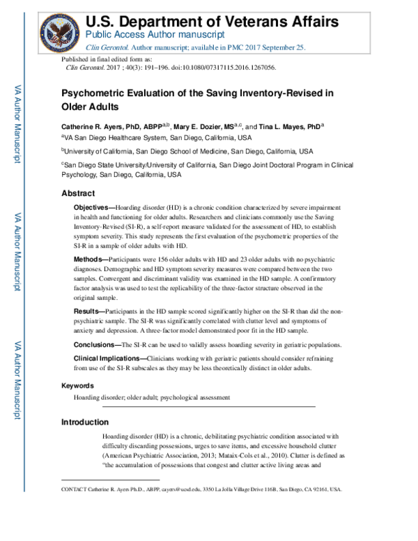 (PDF) Psychometric Evaluation of the Saving Inventory-Revised in Older ...