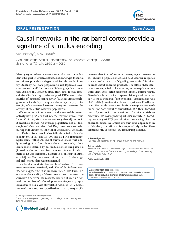 (PDF) Causal networks in the rat barrel cortex provide a signature of ...