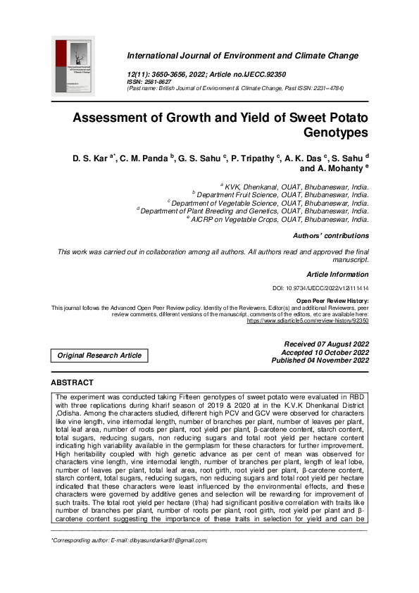(PDF) Assessment of Growth and Yield of Sweet Potato Genotypes