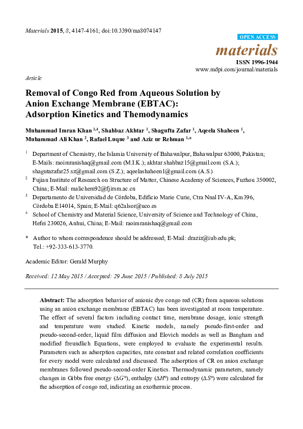 (PDF) Removal of Congo Red from Aqueous Solution by Anion Exchange ...