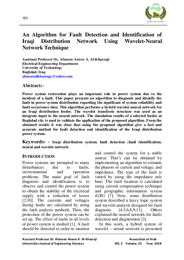 (PDF) An Algorithm for Fault Detection and Identification of Iraqi ...