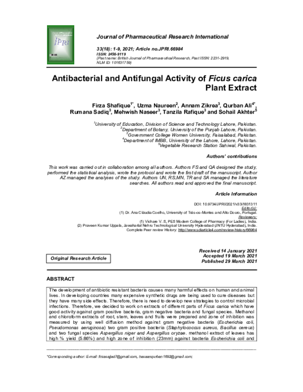 (PDF) Antibacterial and Antifungal Activity of Ficus carica Plant Extract