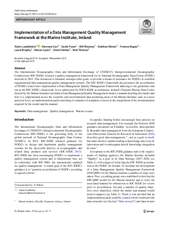 (PDF) Implementation of a Data Management Quality Management Framework ...