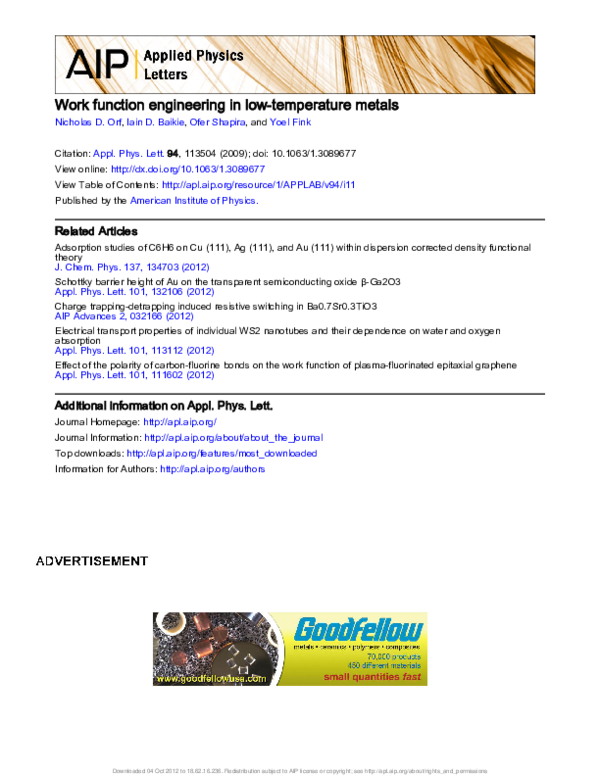 (PDF) Work function engineering in low-temperature metals