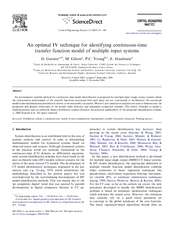 (PDF) An optimal IV technique for identifying continuous-time transfer ...