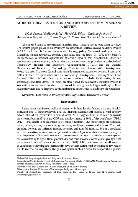 (PDF) Agricultural Extension and Advisory System in Sudan: a Review