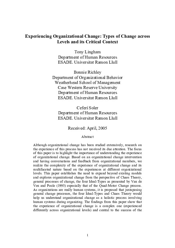 (PDF) Experiencing Organizational Change: Types of Change across Levels ...