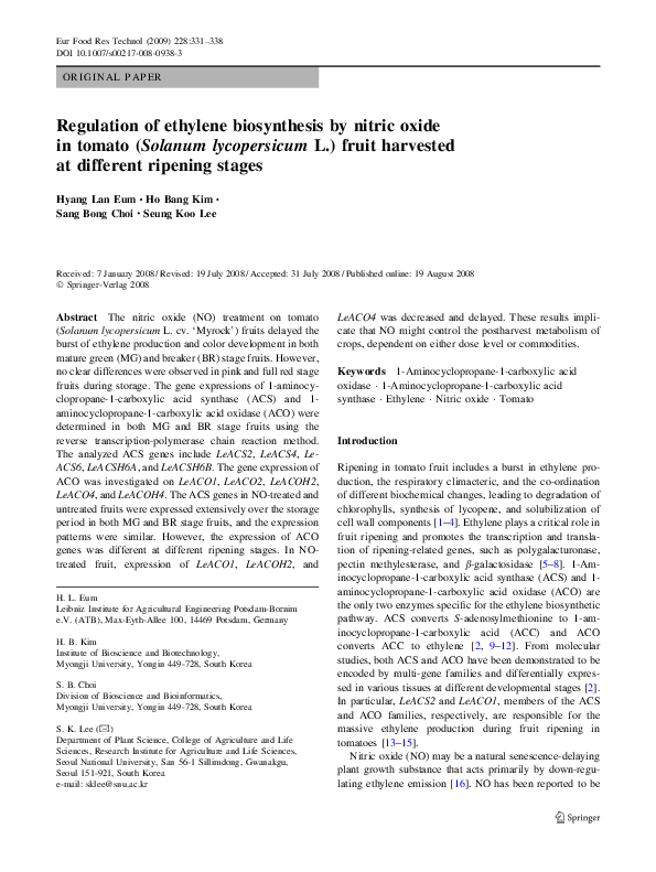 (PDF) Regulation of ethylene biosynthesis by nitric oxide in tomato ...