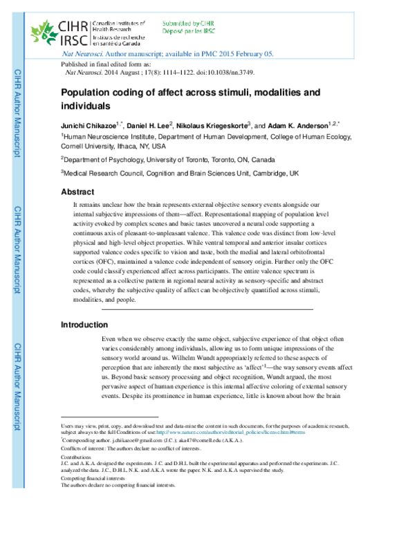(PDF) Population coding of affect across stimuli, modalities and ...