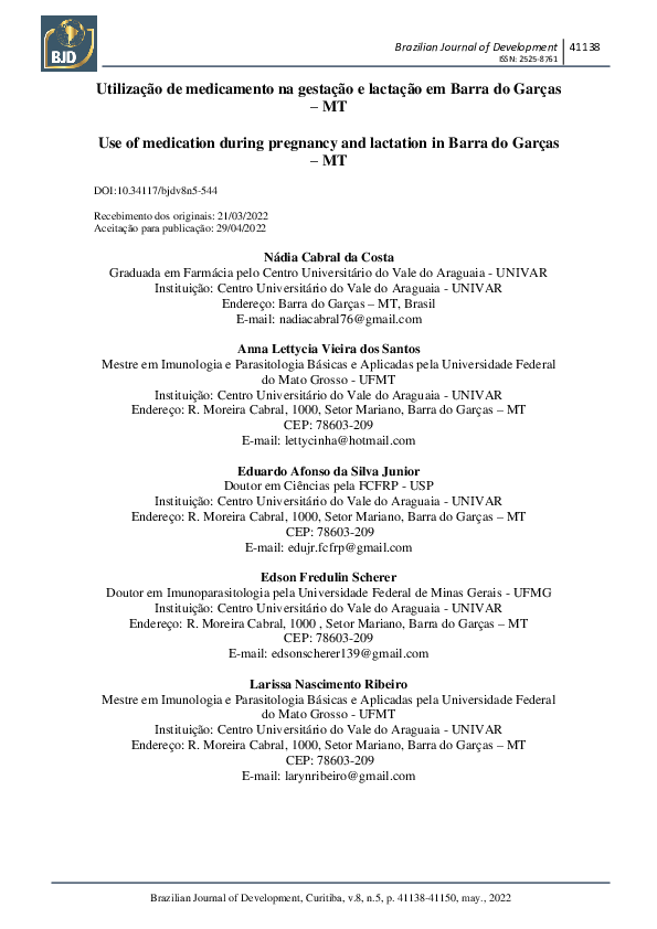 Utilização de medicamento na gestação e lactação em Barra do Garças – MT / Use of medication during pregnancy and lactation in Barra do Garças – MT