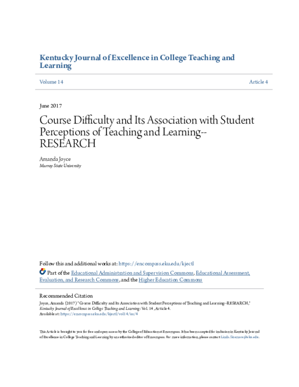 (PDF) Course Difficulty and Its Association with Student Perceptions of ...