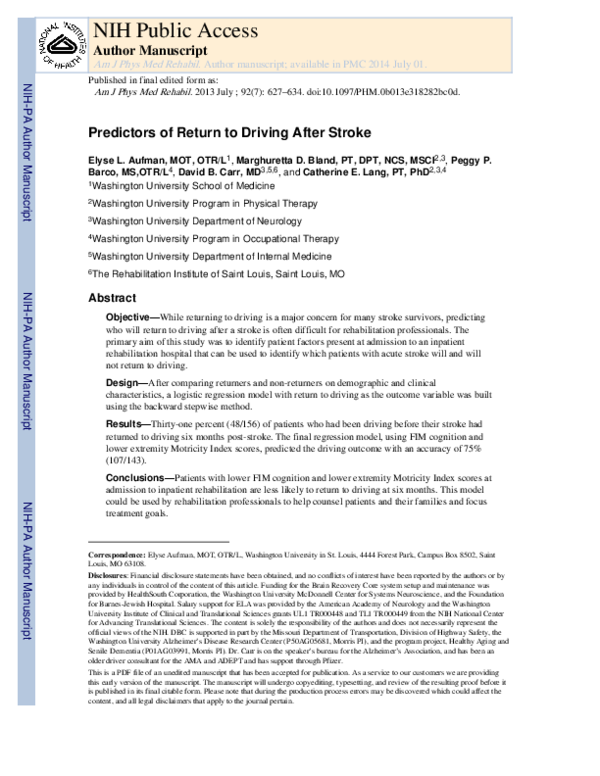 View of (PDF) Predictors of Return to Driving After Stroke