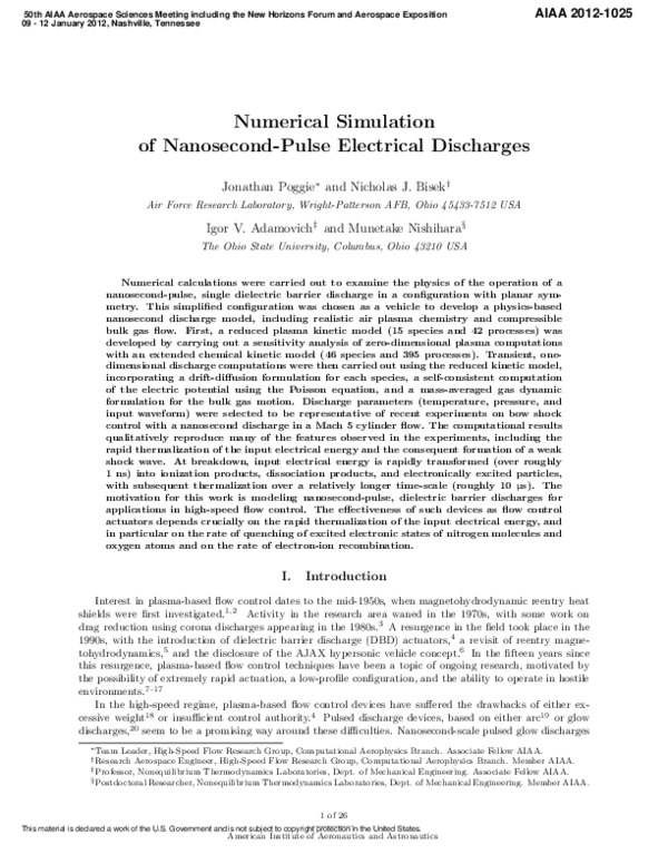 (PDF) Numerical Simulation of Nanosecond-Pulse Electrical Discharges ...