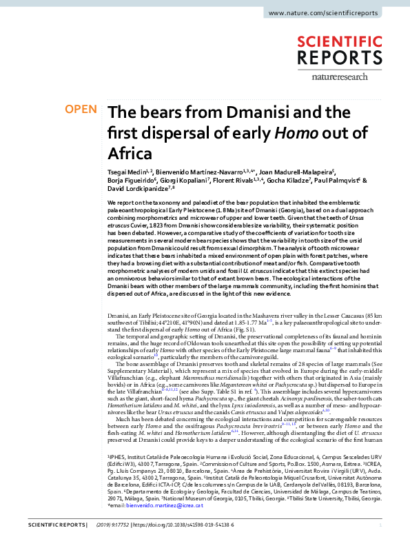 (PDF) The bears from Dmanisi and the first dispersal of early Homo out ...
