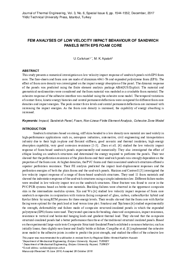 (PDF) Fem Analyses of Low Velocity Impact Behaviour of Sandwich Panels ...