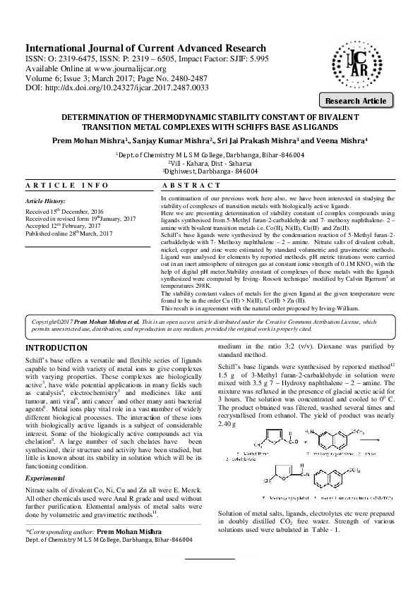 (PDF) Determination of thermodynamic stability constant of bivalent ...