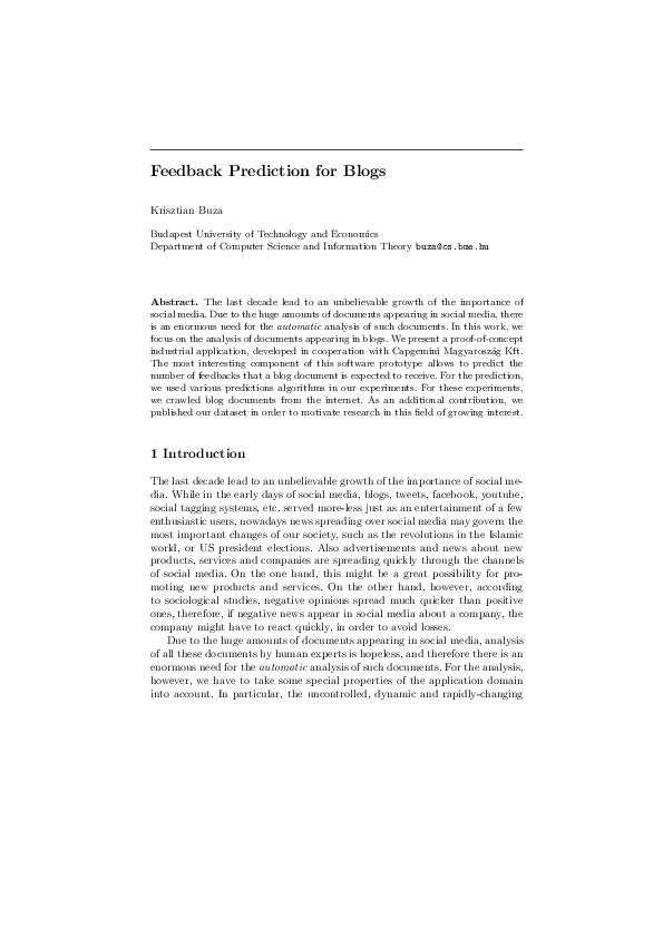 (PDF) Feedback Prediction for Blogs