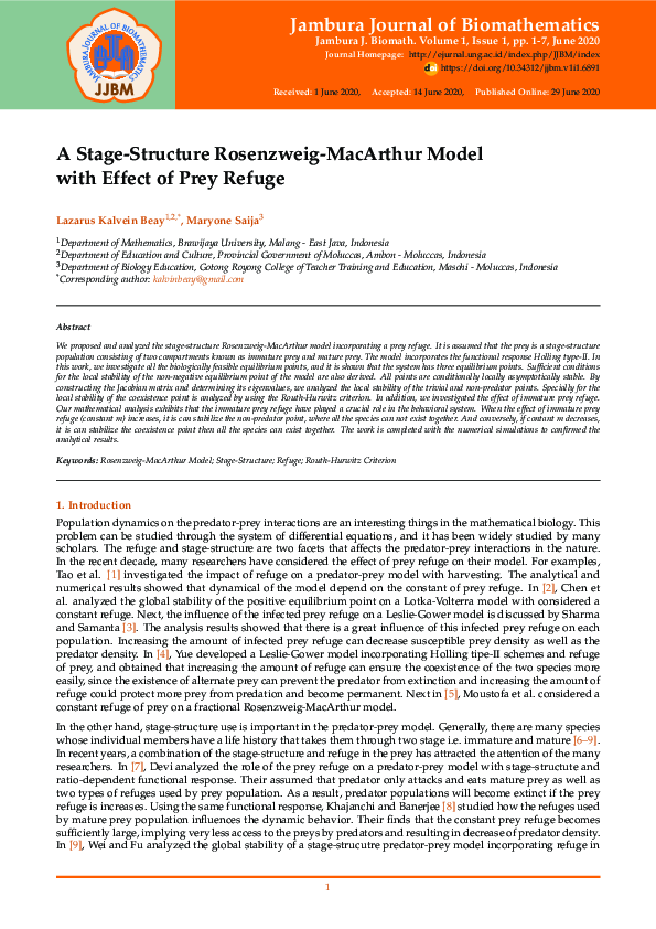 (PDF) A Stage-Structure Rosenzweig-MacArthur Model with Effect of Prey ...