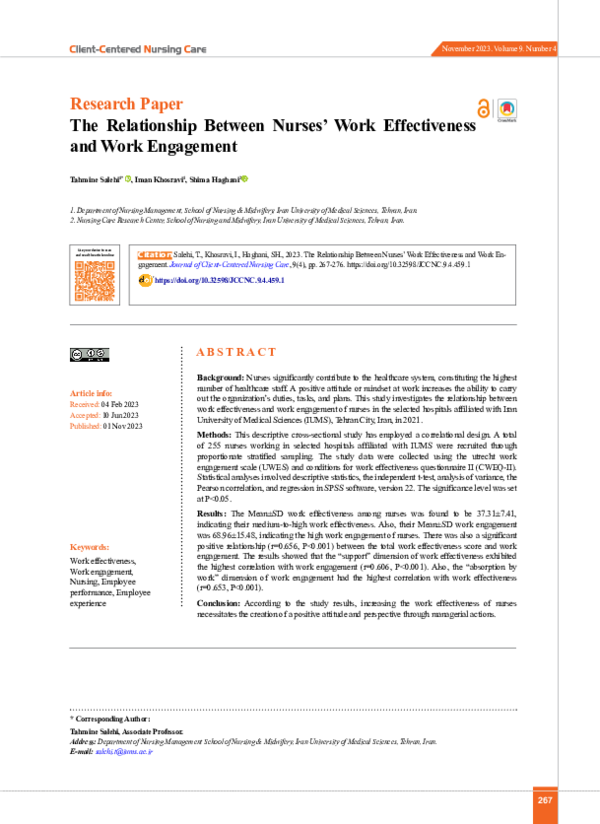 (PDF) The Relationship Between Nurses' Work Effectiveness and Work ...
