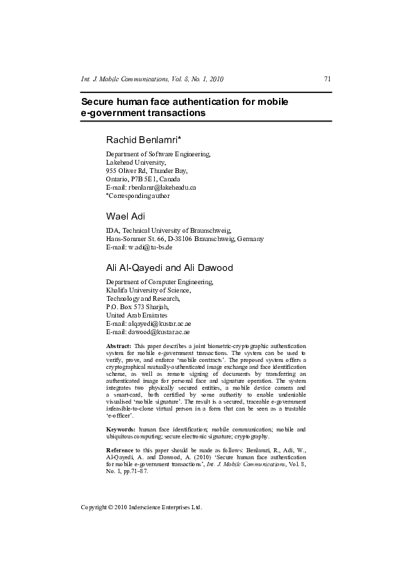 (PDF) Secure human face authentication for mobile e-government transactions