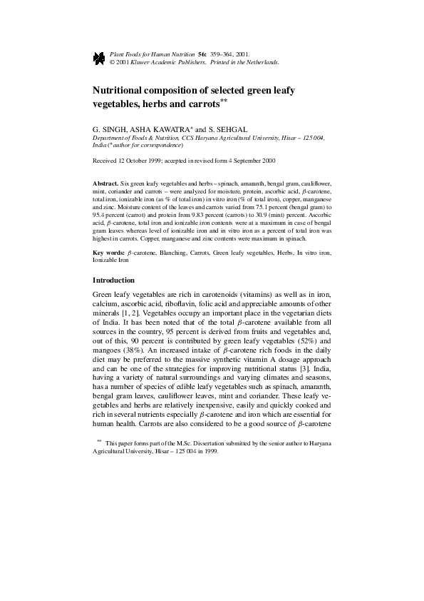 (PDF) Nutritional composition of selected green leafy vegetables, herbs ...
