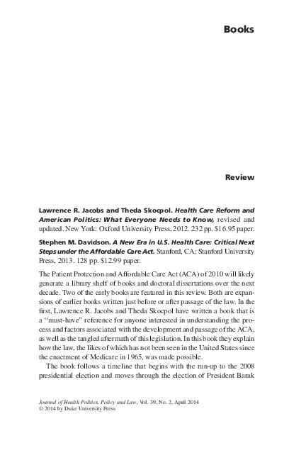 (PDF) Health Care Reform and American Politics: What Everyone Needs to Know