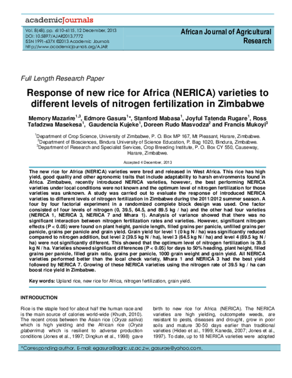 (PDF) Response of new rice for Africa (NERICA) varieties to different ...