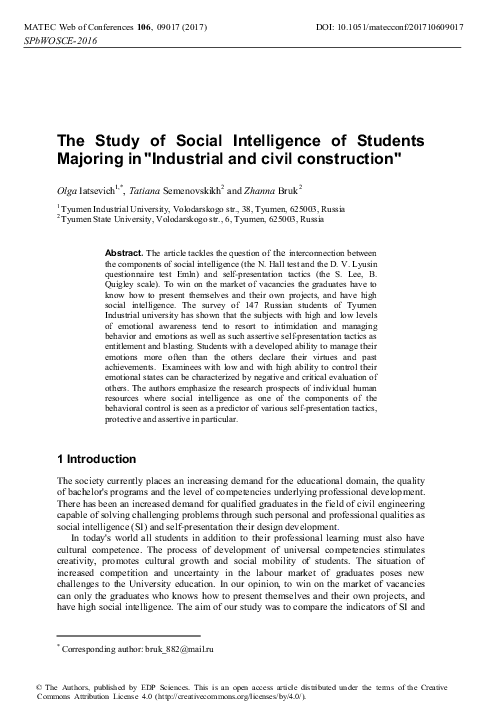 (PDF) The Study of Social Intelligence of Students Majoring in ...