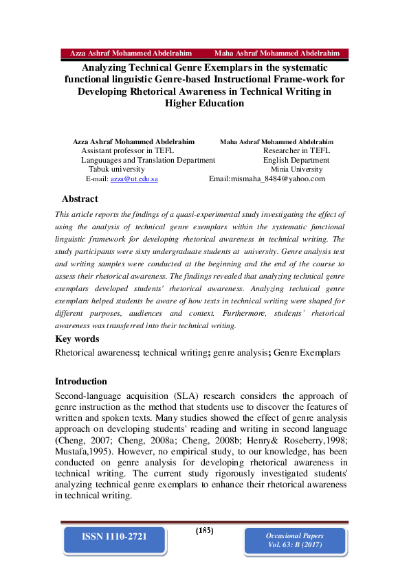 (PDF) Analyzing Technical Genre Exemplars in the systematic functional ...