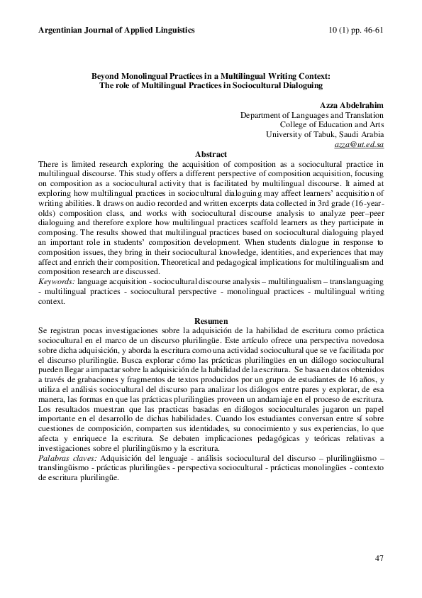 (PDF) Beyond Monolingual Practices in a Multilingual Writing Context ...