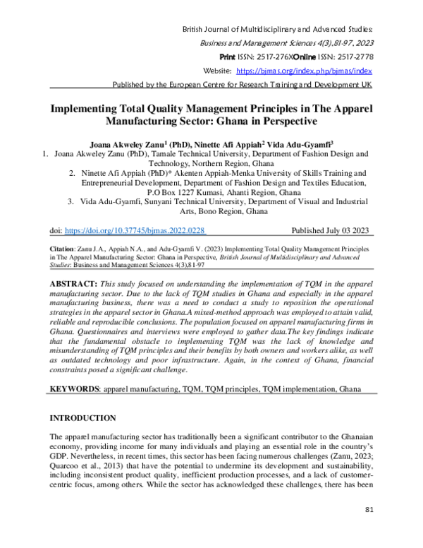 (PDF) Implementing Total Quality Management Principles in The Apparel ...