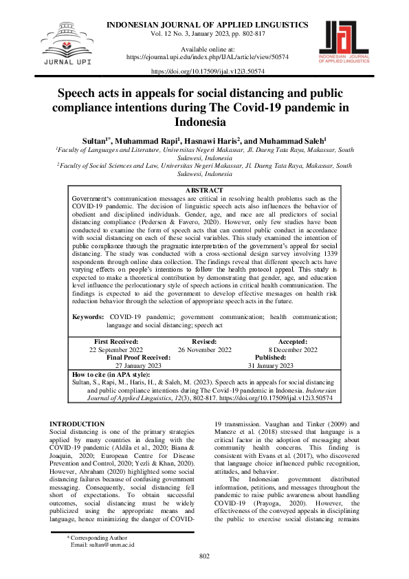 (PDF) Speech acts in appeals for social distancing and public ...