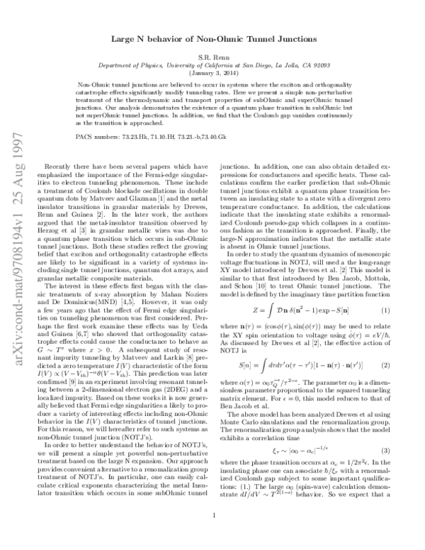 (PDF) Large N behavior of Non-Ohmic Tunnel Junctions