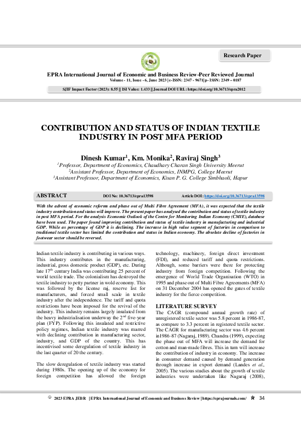 (PDF) Contribution and Status of Indian Textile Industry in Post Mfa Period