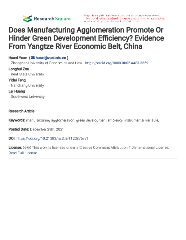 (PDF) Does manufacturing agglomeration promote or hinder green ...
