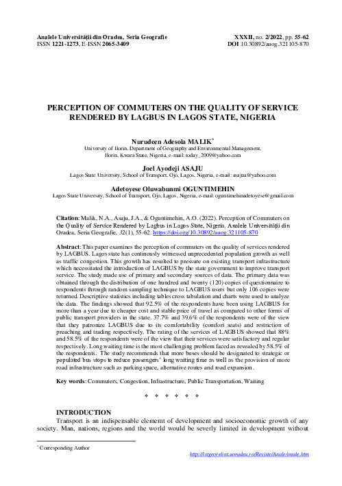 (PDF) Perception of Commuters on the Quality of Service Rendered by ...